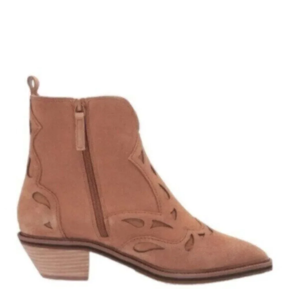 Kelsi Dagger Cliff Mocha Brown Suede Pointed Toe Block Heel Western Ankle Boots